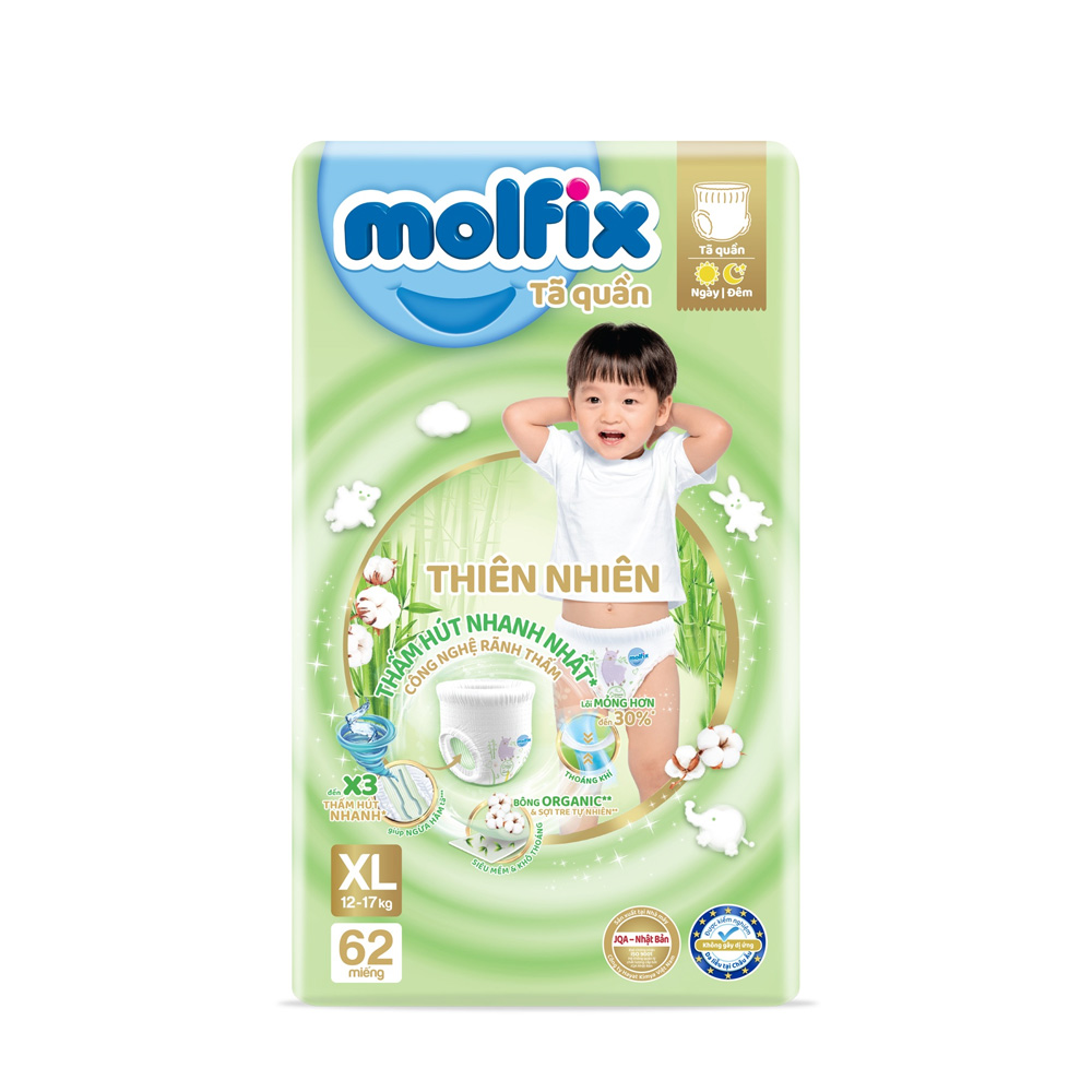 Bỉm quần Molfix Natural Organic sợi tre xl62+8 ultra Jumbo 12-17KG