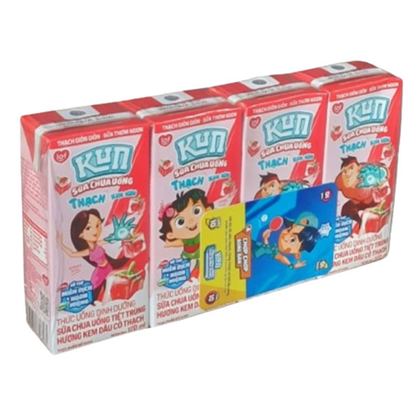 Sữa chua uống tiệt trùng Kun Hương kem dâu có thạch lốc 4 hộp x 170ml